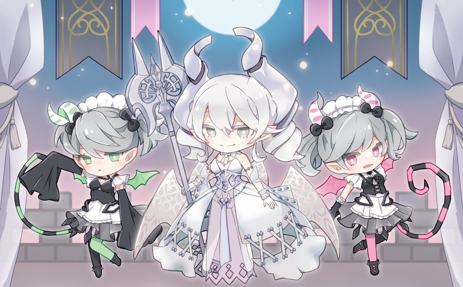 chibi dress horns labrynth_of_the_silver_castle labrynth_servant_arianna labrynth_servant_arianne maid pointy_ears tail watamoofu weapon wings yugioh