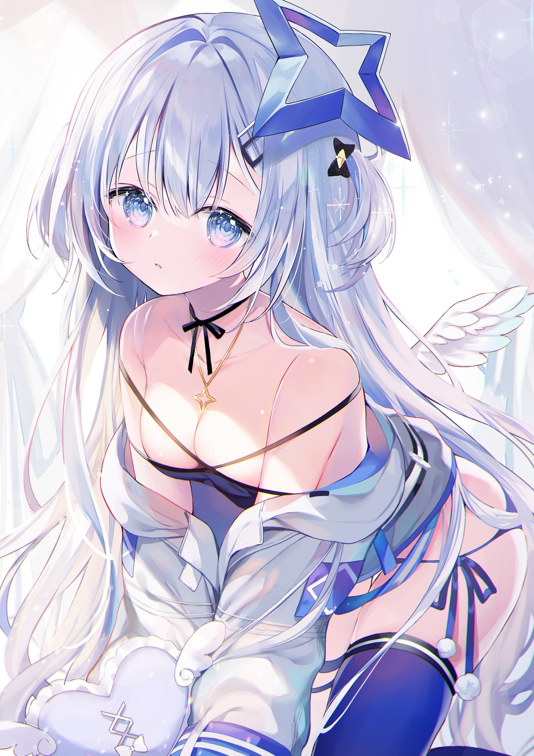 amane_kanata ameno_usari angel hololive no_bra pantsu string_panties thighhighs wings