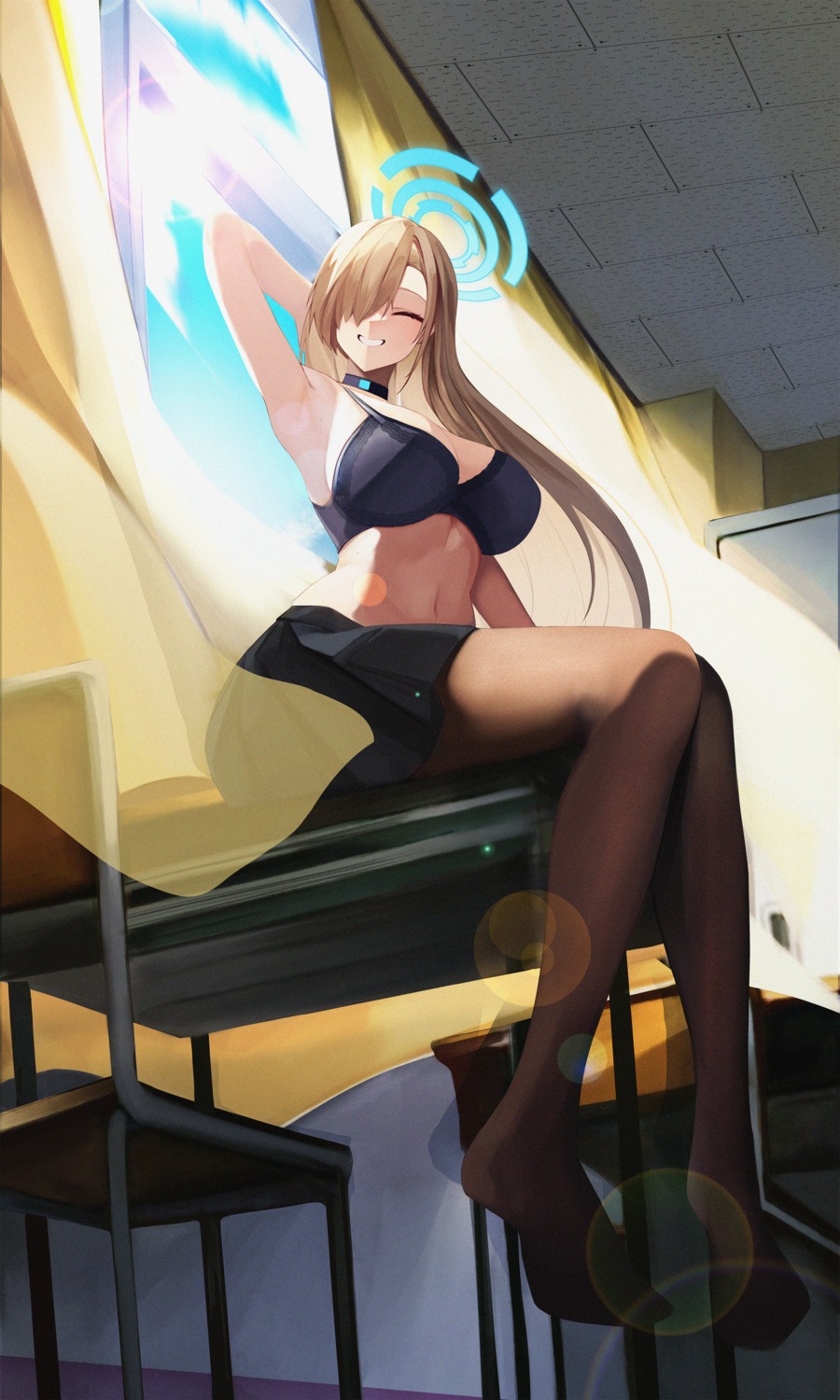 blue_archive bra halo ichinose_asuna miisang47 pantyhose seifuku skirt_lift