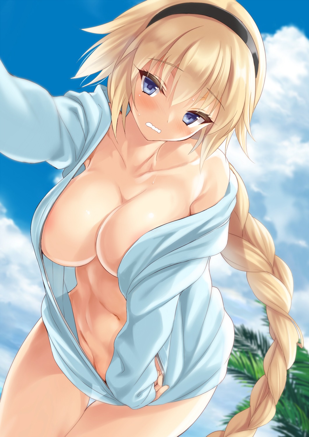 bottomless cle_masahiro cleavage fate/grand_order jeanne_d'arc jeanne_d'arc_(fate) no_bra open_shirt see_through