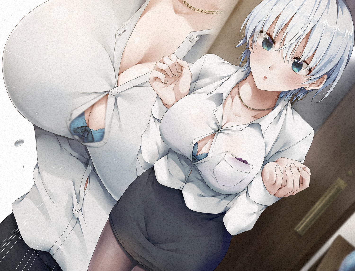 bra cleavage dress_shirt open_shirt pantyhose ryouma_(galley) wardrobe_malfunction