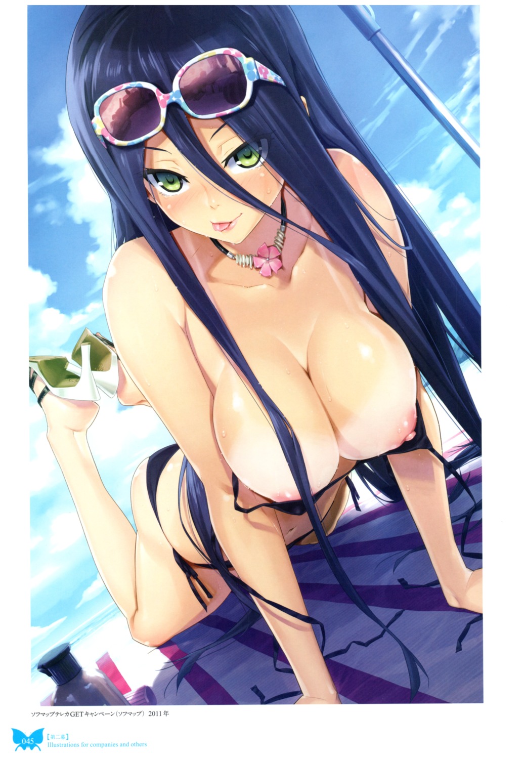 bikini breasts happoubi_jin heels megane nipples swimsuits tan_lines