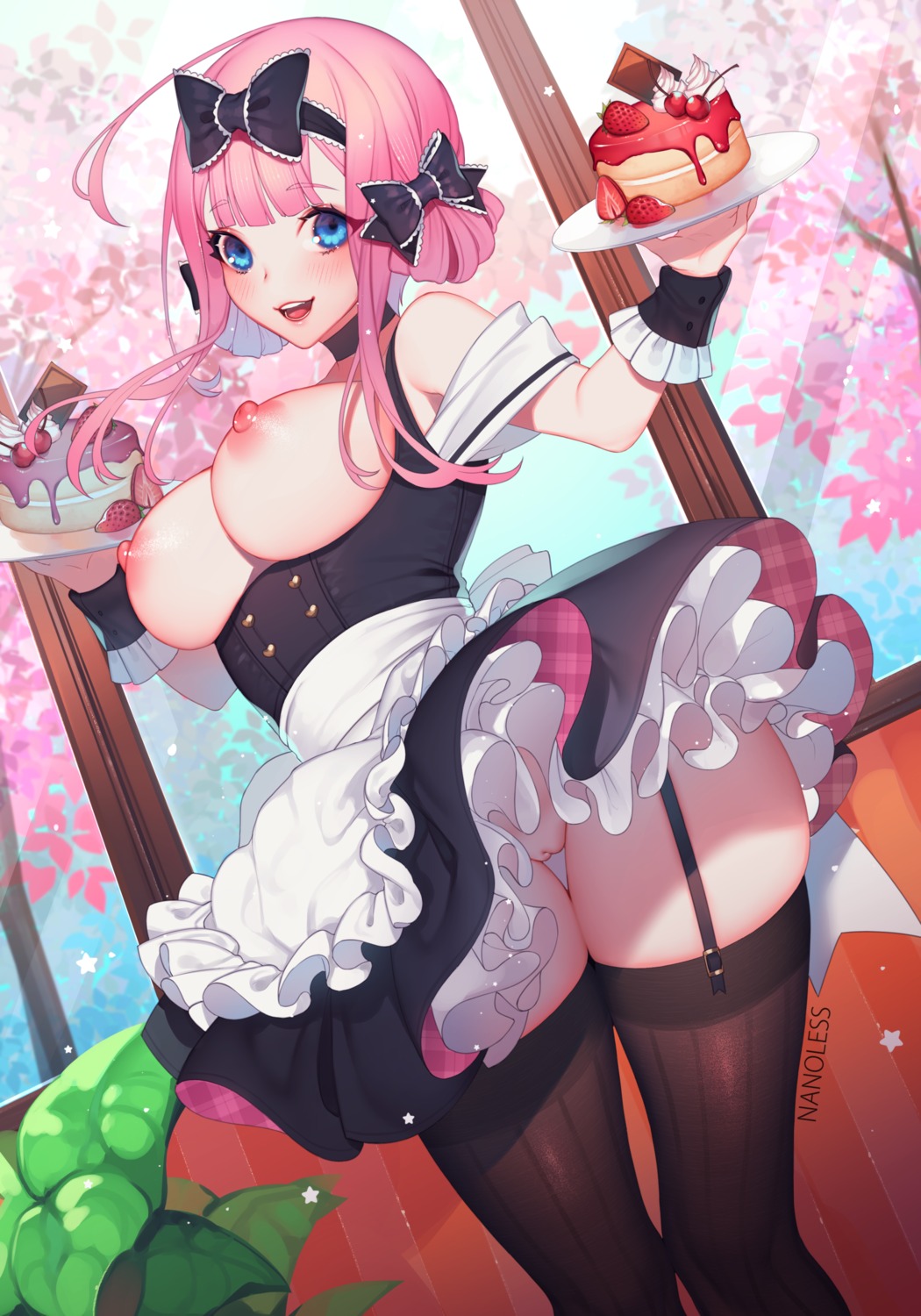 breasts fujiwara_chika kaguya-sama_wa_kokurasetai_~tensai-tachi_no_renai_zunousen~ nanoless nipples no_bra pussy skirt_lift stockings thighhighs uncensored waitress