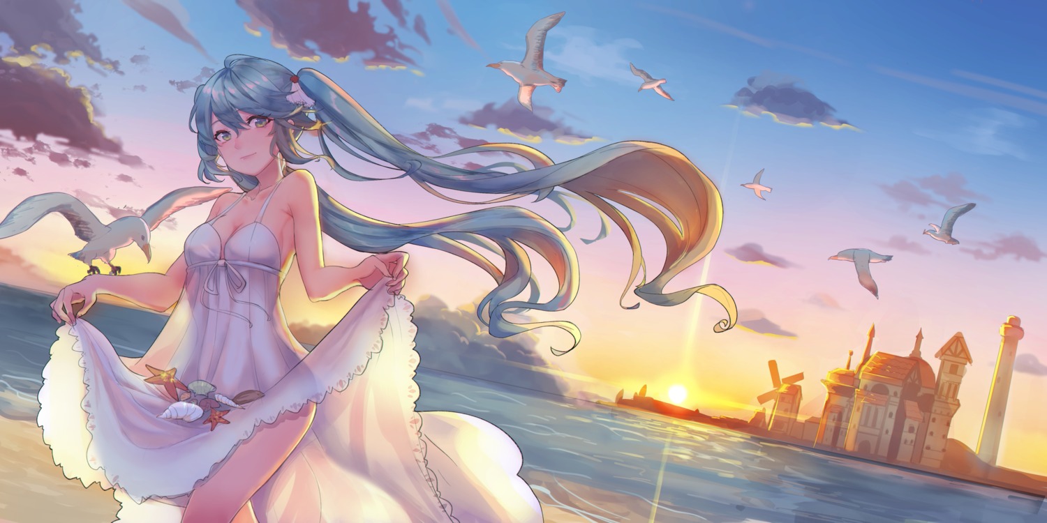 cleavage dress hatsune_miku ice_(6597201) see_through skirt_lift summer_dress vocaloid