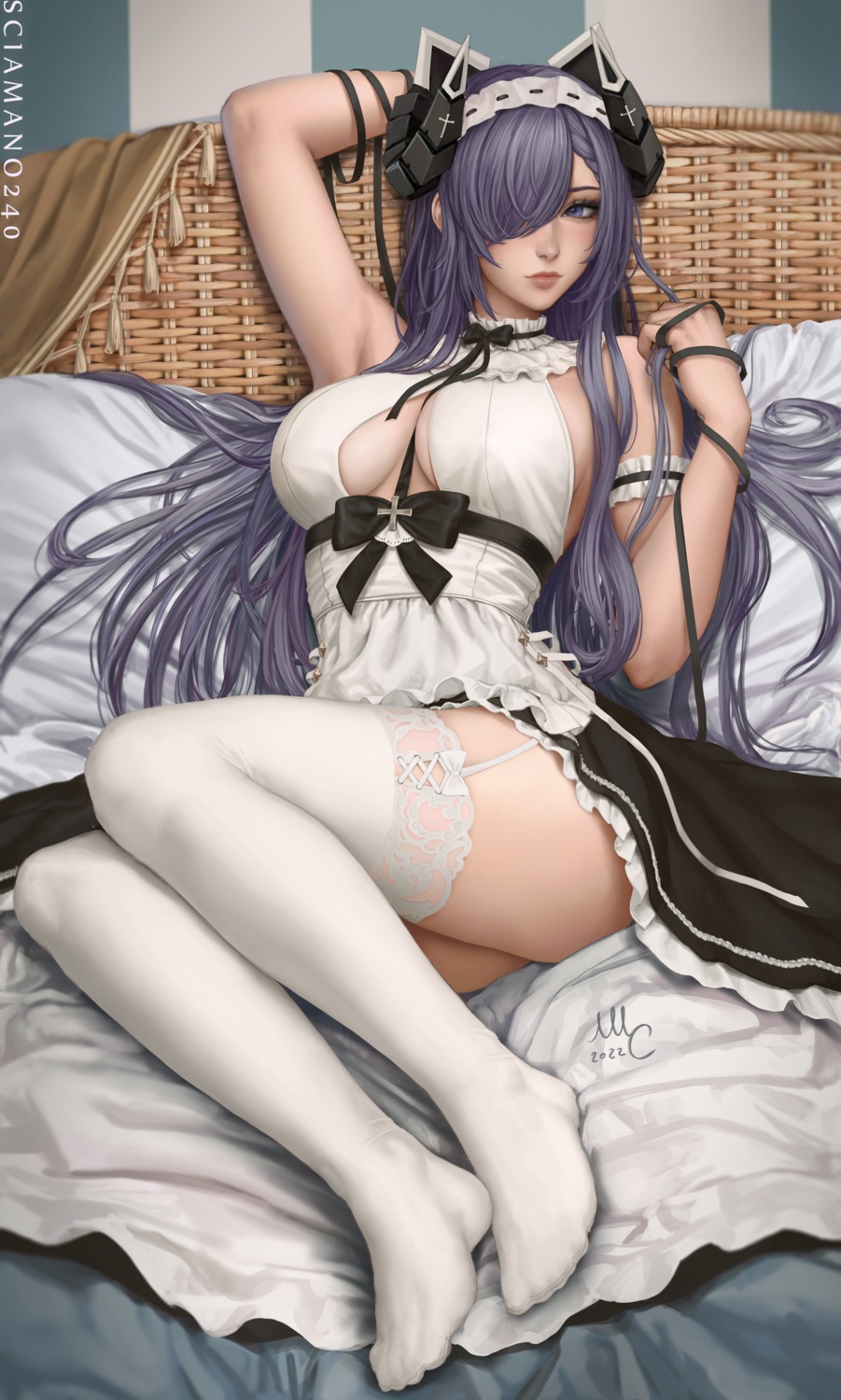 august_von_parseval_(azur_lane) azur_lane feet horns maid mirco_cabbia no_bra stockings thighhighs