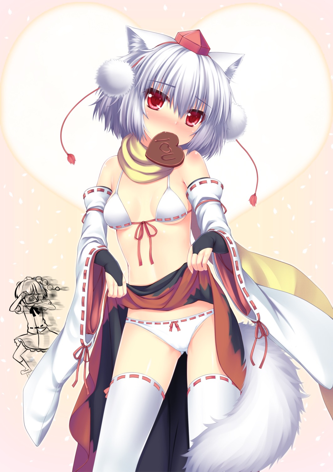 animal_ears bra inubashiri_momiji ookami_ryuu pantsu shameimaru_aya skirt_lift tail thighhighs touhou