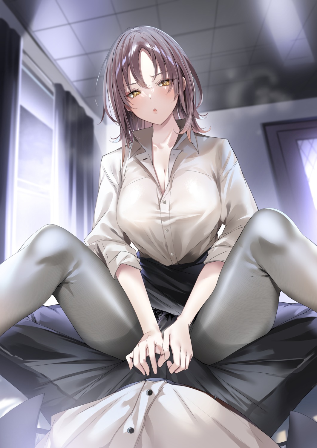 cleavage dress_shirt handjob kakao open_shirt pantsu pantyhose skirt_lift