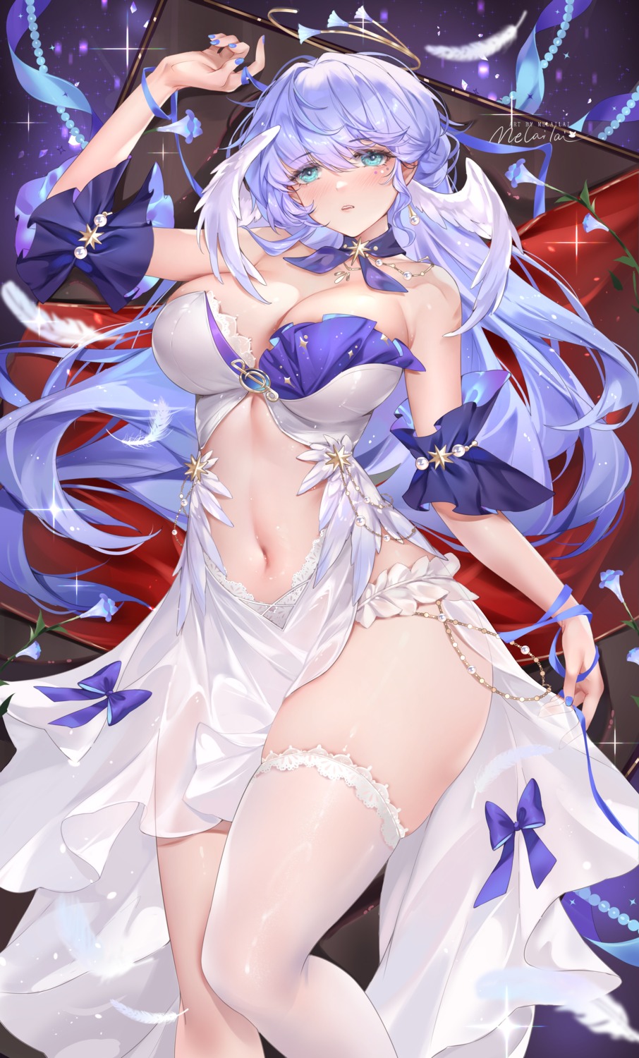 dress halo honkai:_star_rail melailai no_bra robin see_through thighhighs wings