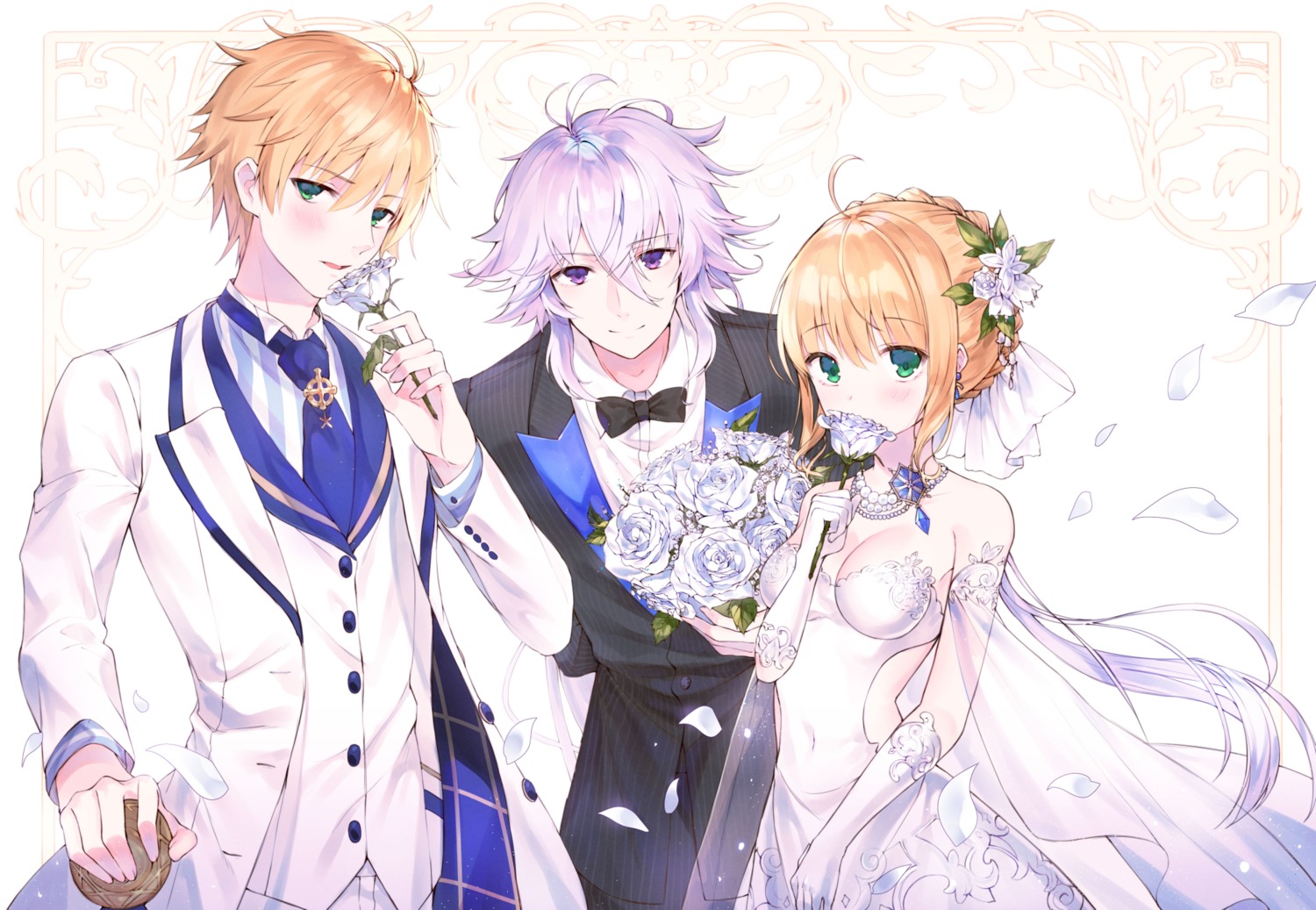 cleavage dress fate/grand_order kh_(kh_1128) merlin_(fate/stay_night) saber saber_(fate/prototype) saber_lily wedding_dress