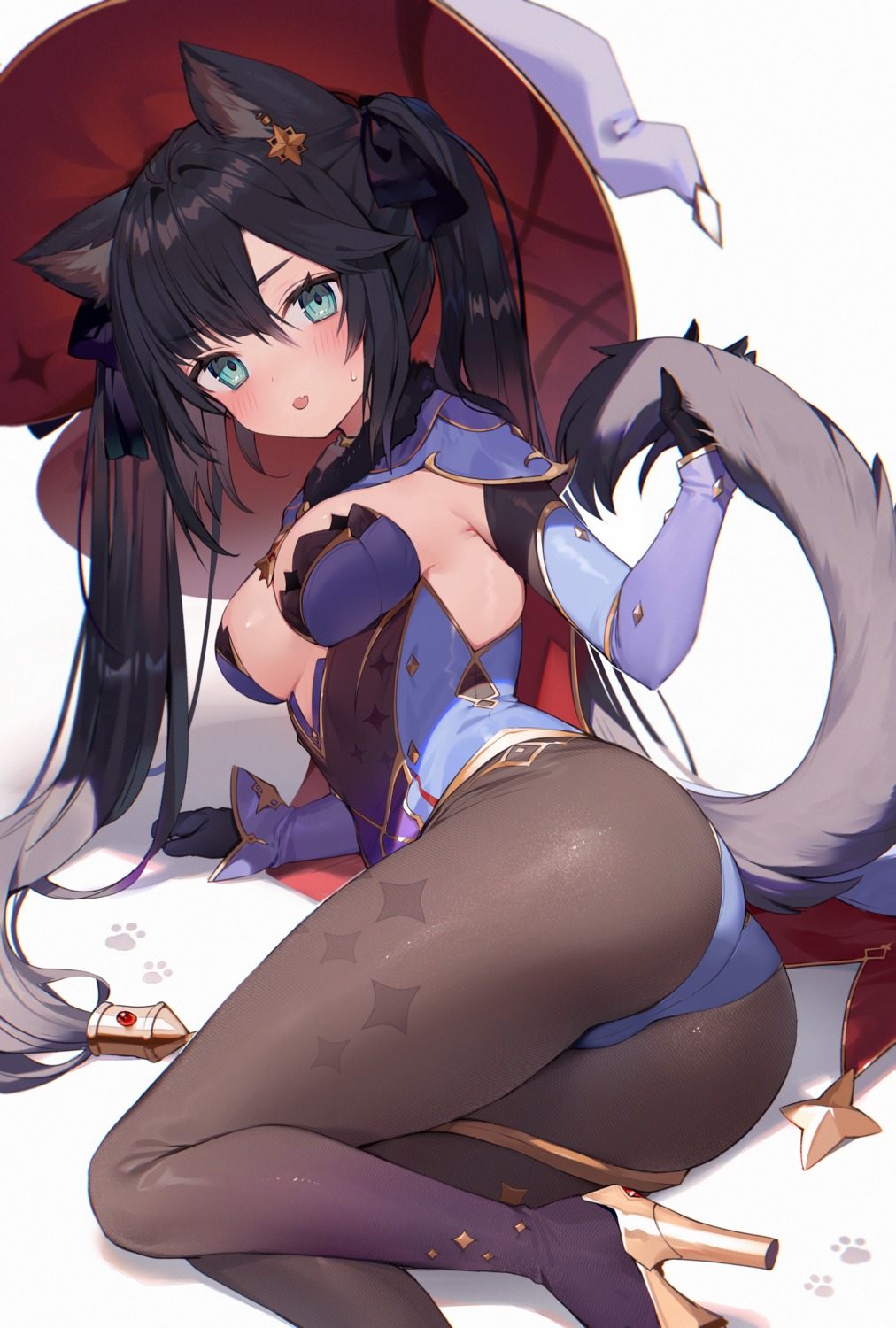 animal_ears ass garter genshin_impact heels leotard mona_megistus muryo nekomimi no_bra pantyhose tail witch