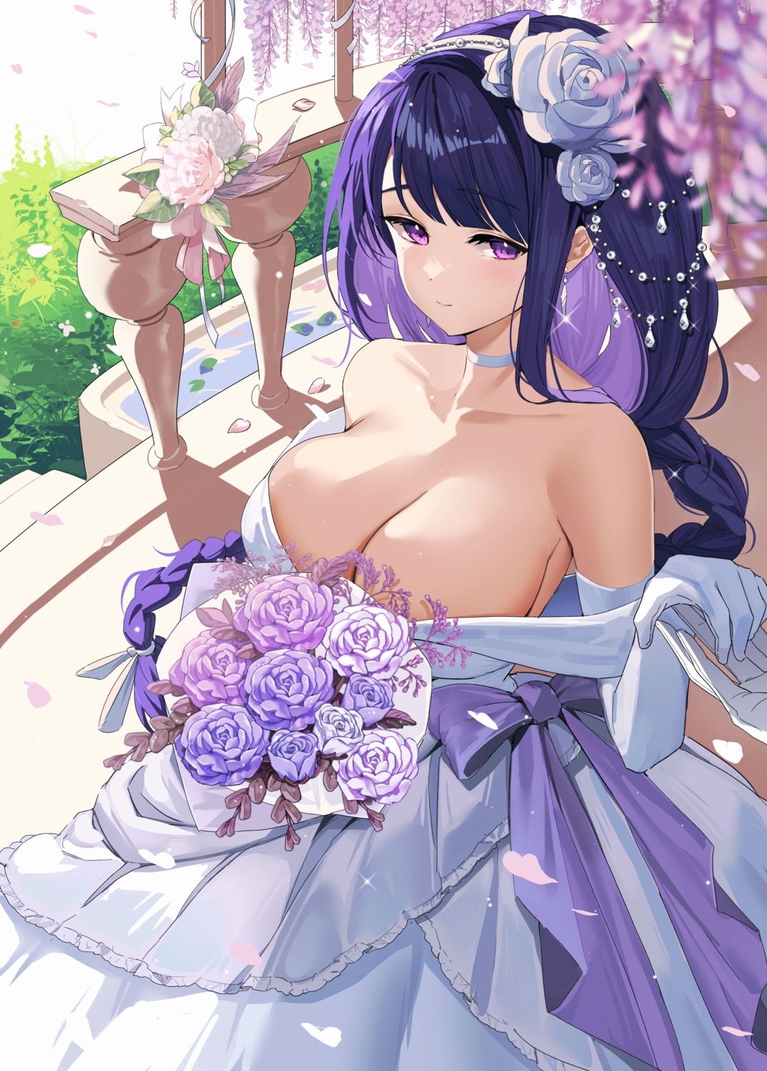 dress genshin_impact no_bra raiden_shogun somyo_(neku) wedding_dress