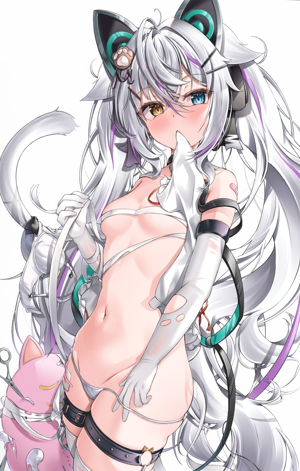 animal_ears bandaid garter headphones heterochromia nekomimi nekoya_minamo no_bra pantsu tail thighhighs