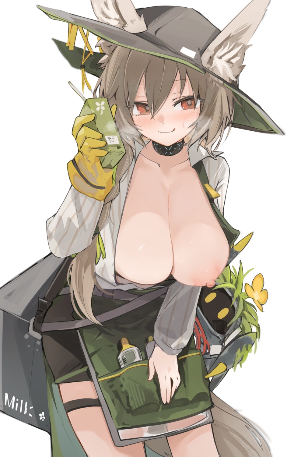 animal_ears arknights beanstalk_(arknights) breasts garter mikojin nipples no_bra open_shirt tail