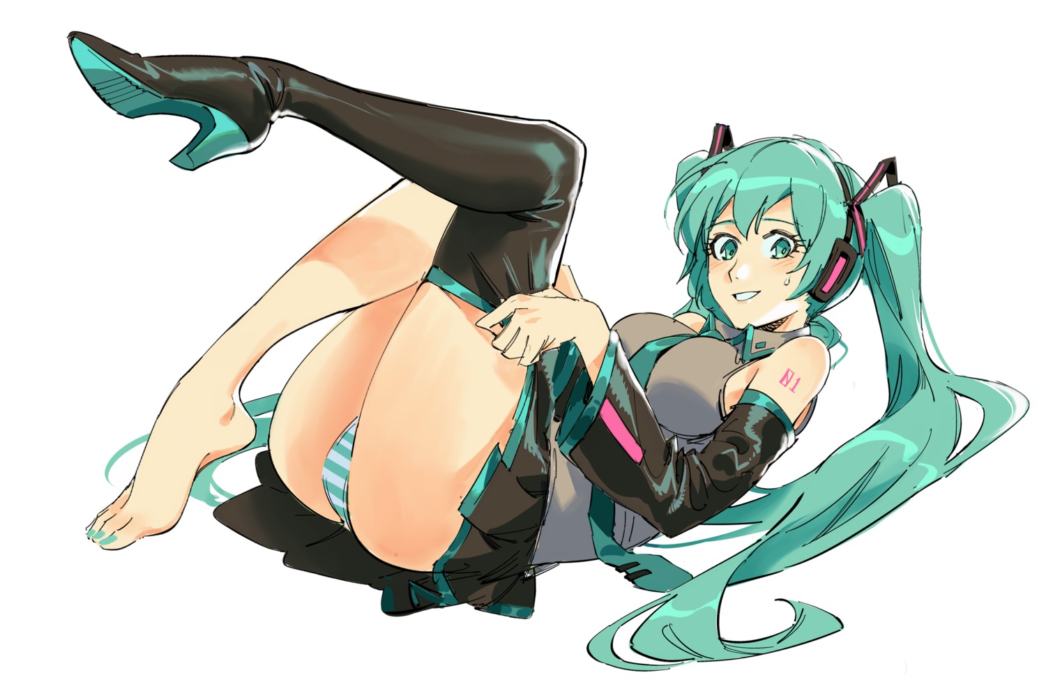 feet hatsune_miku headphones heels pantsu ruukii_drift shimapan skirt_lift tattoo thighhighs undressing vocaloid