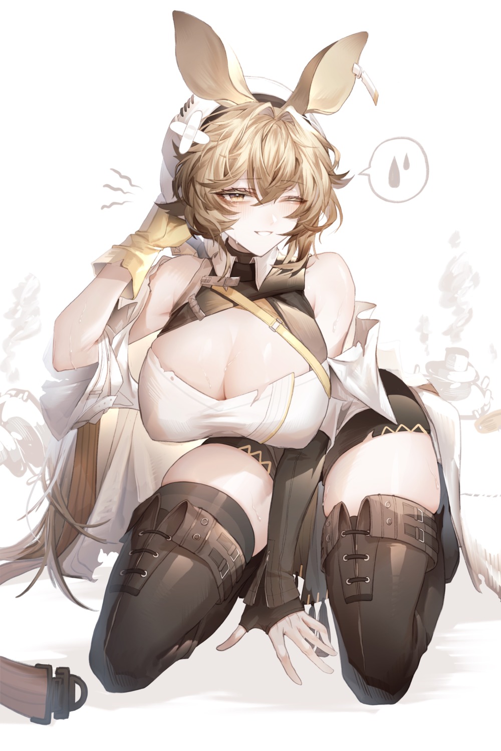 animal_ears arknights bandaid dorothy_(arknights) no_bra takano_jiyuu thighhighs torn_clothes