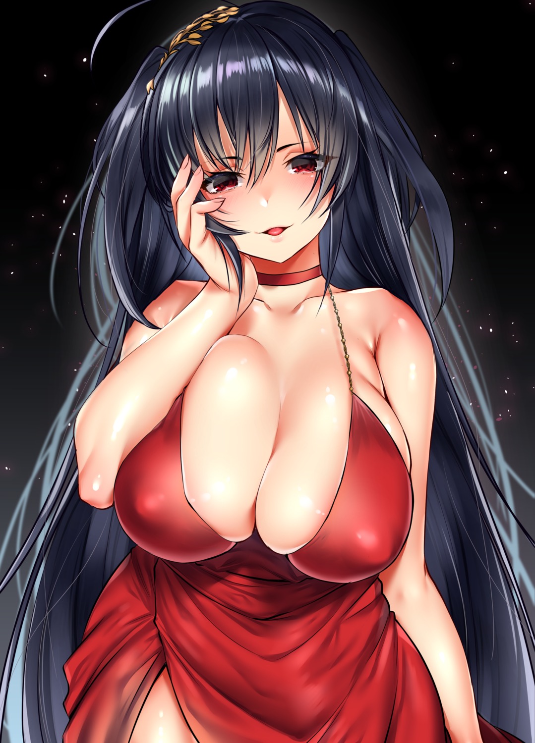 azur_lane breast_hold buta_tamako cleavage dress erect_nipples no_bra taihou_(azur_lane)