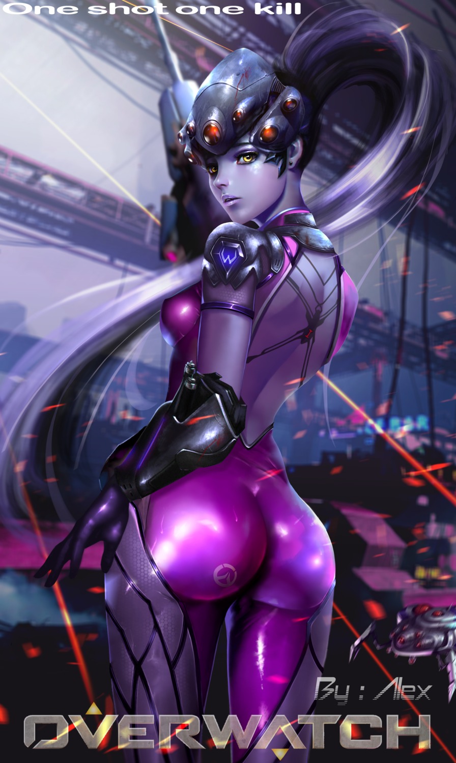 ass bodysuit gun no_bra overwatch tattoo widowmaker xī_tí