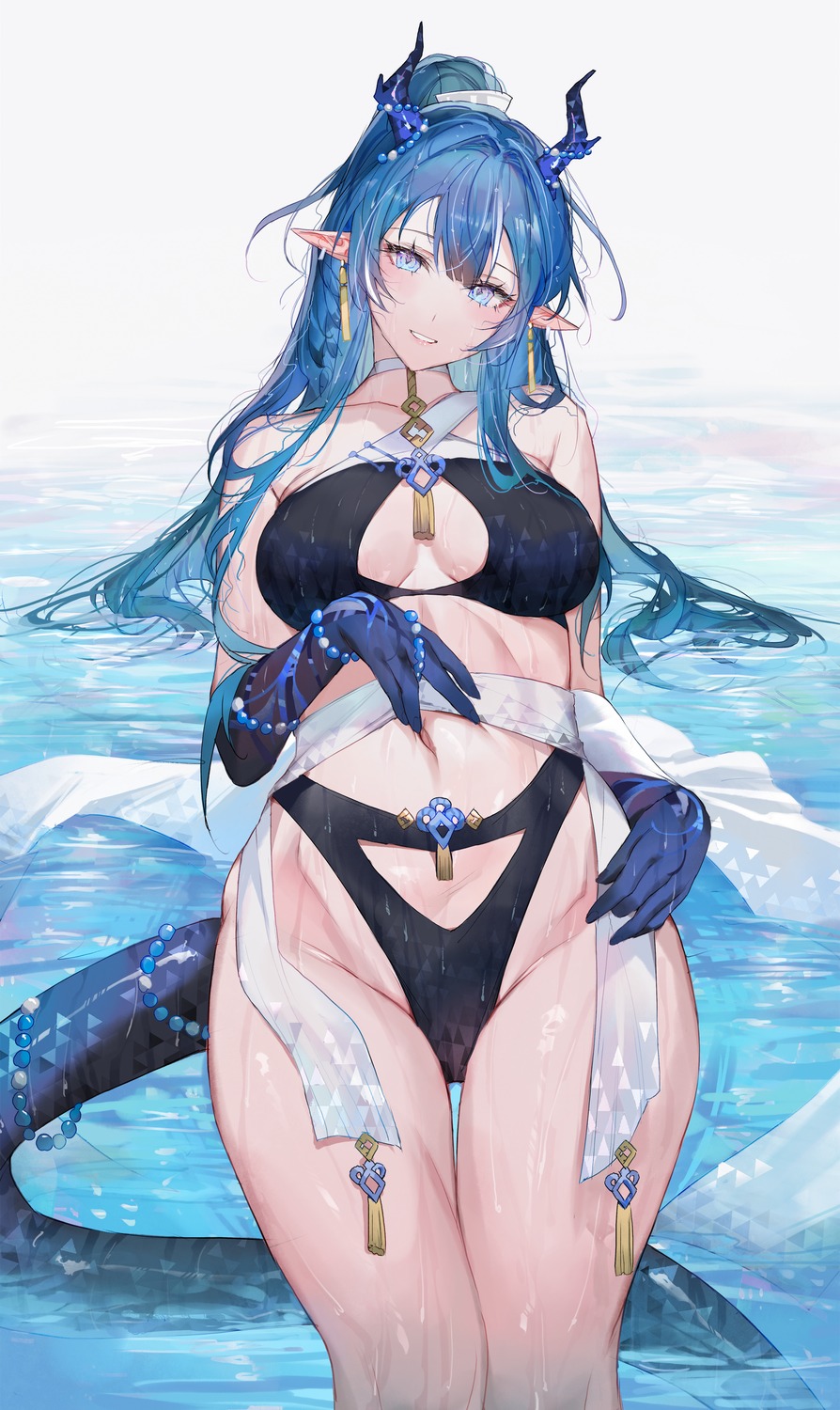 arknights bikini horns ling_(arknights) pointy_ears qiandaiyiyu swimsuits tail wet