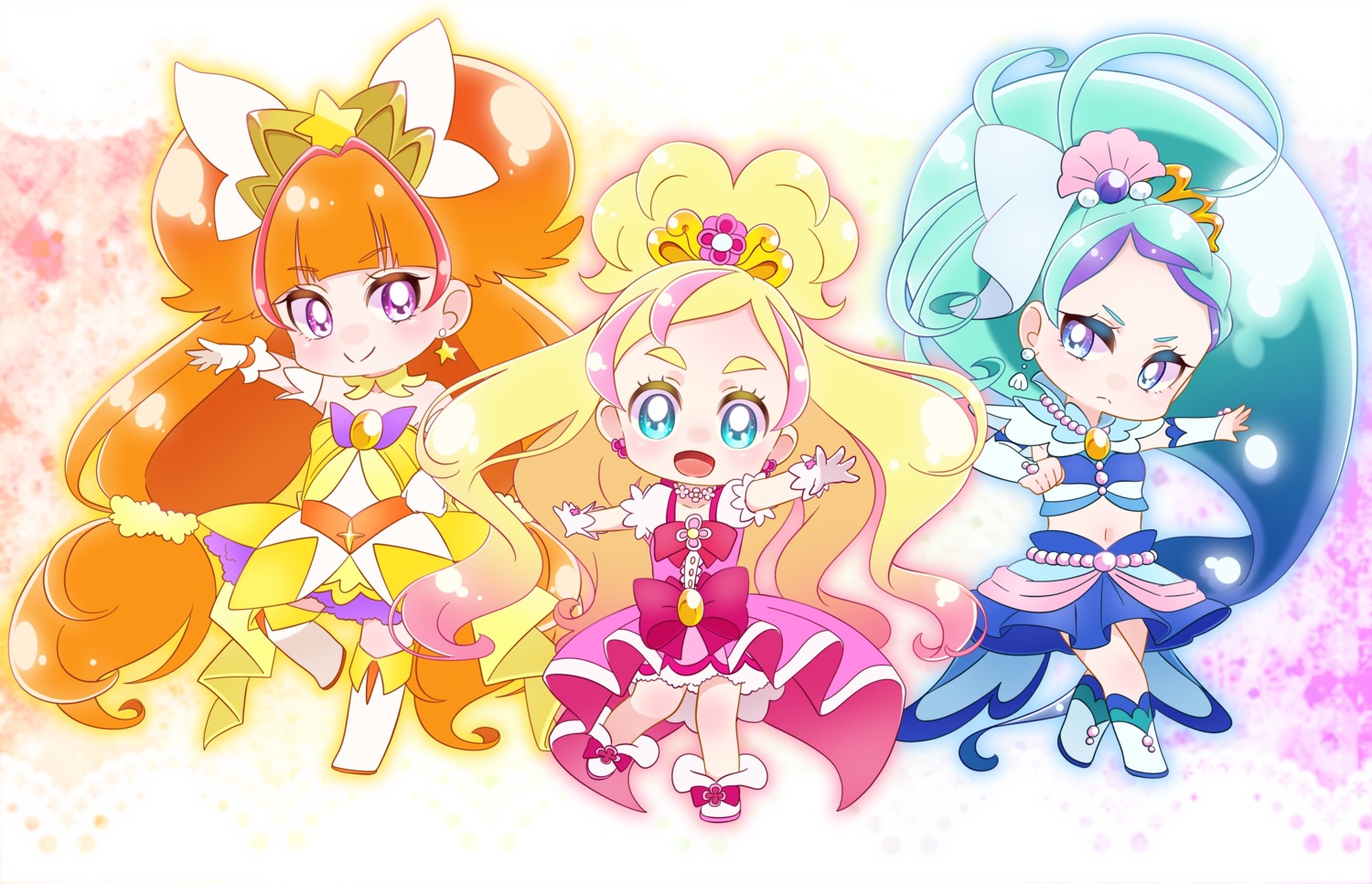 amanogawa_kirara chibi dress go!_princess_pretty_cure haruno_haruka kaidou_minami pretty_cure thighhighs yupiteru