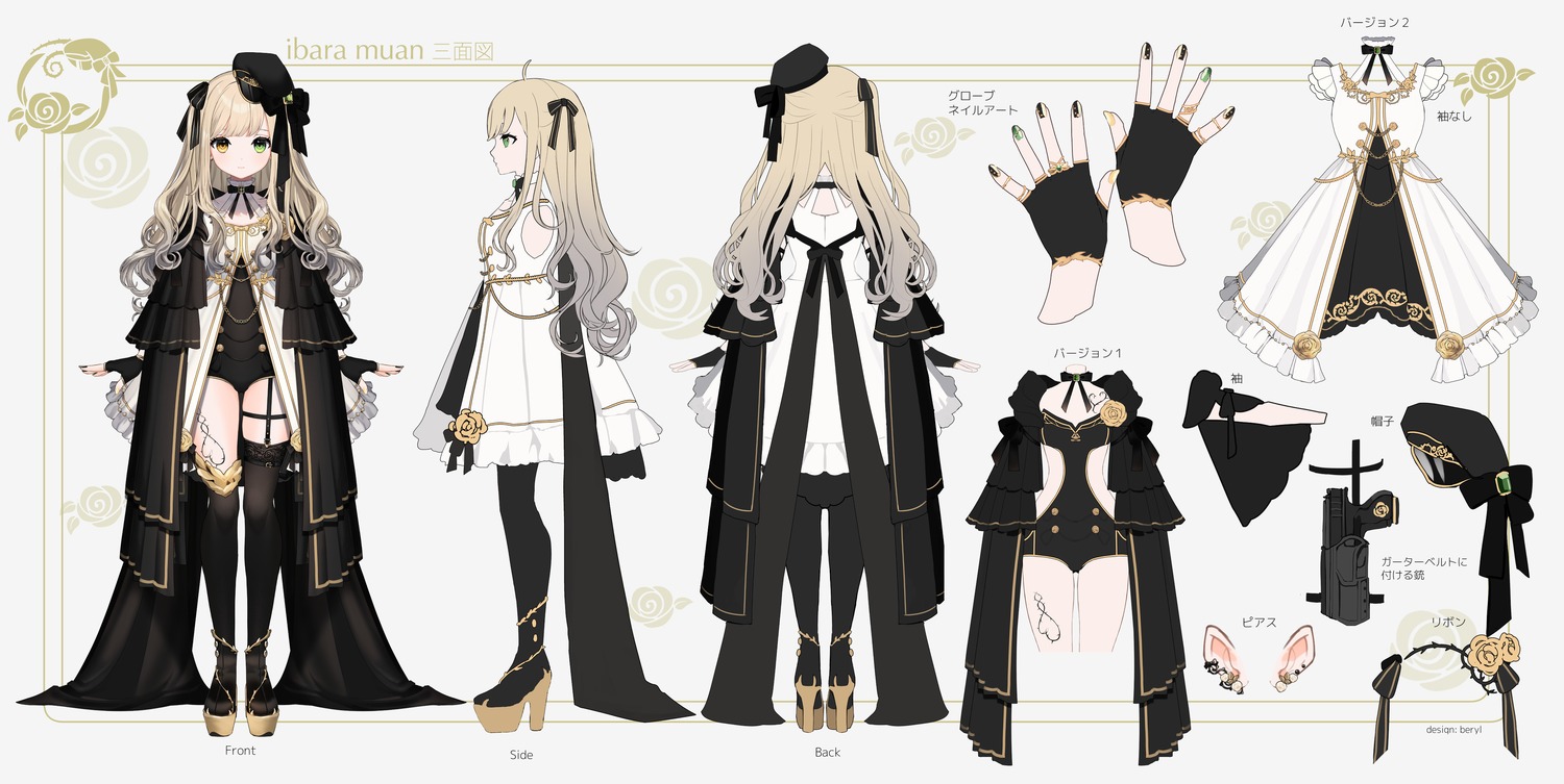 beryl_(blueberylpie) character_design garter gun heels heterochromia ibara_muan indie_virtual_youtuber lolita_fashion stockings tattoo thighhighs uniform