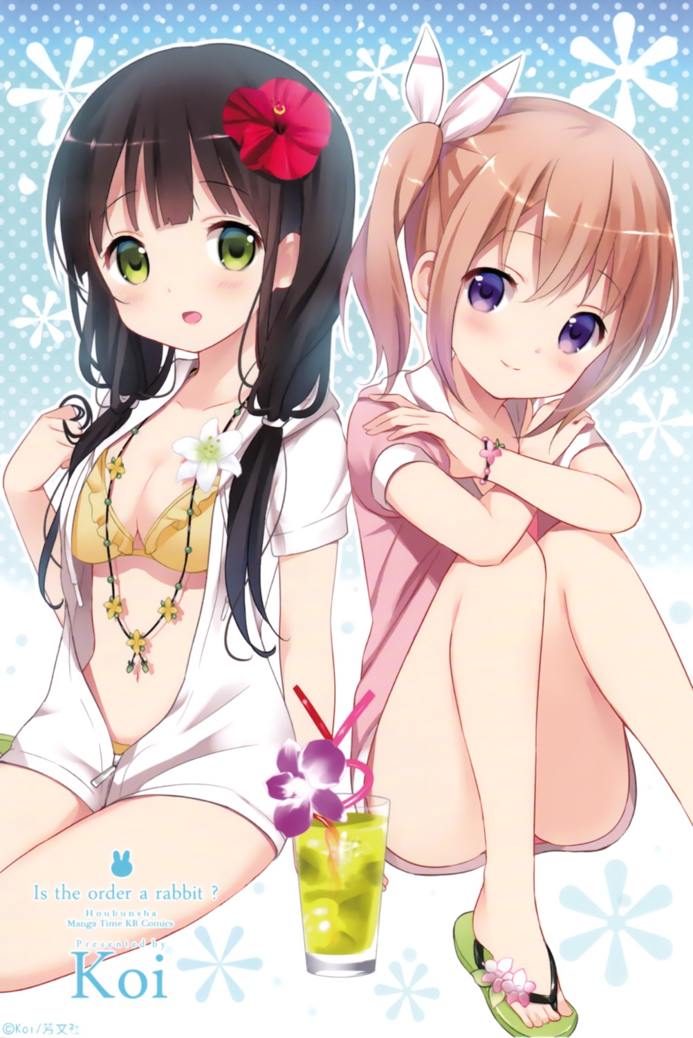 bikini cleavage feet gochuumon_wa_usagi_desu_ka? hoto_cocoa koi open_shirt swimsuits ujimatsu_chiya