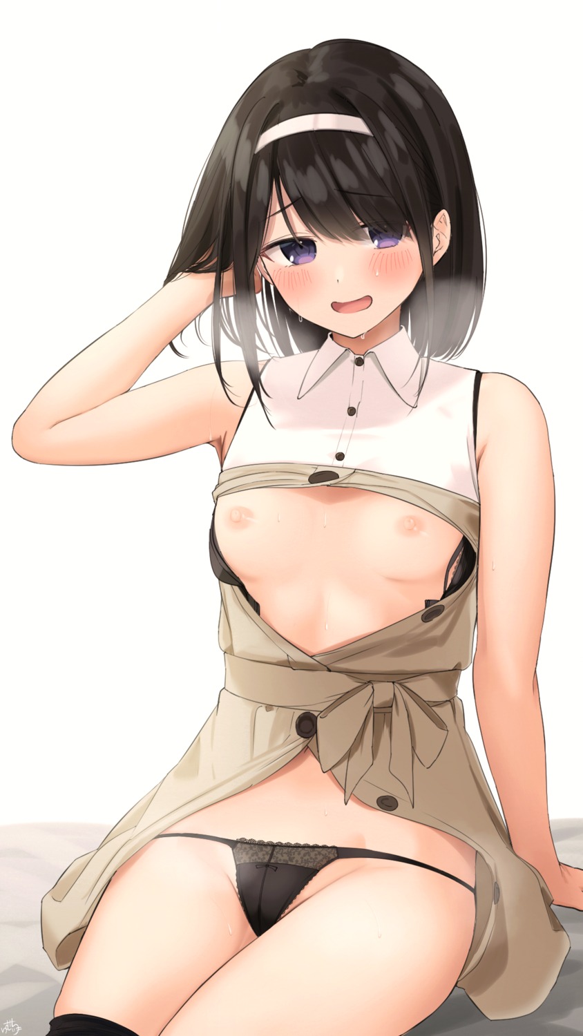 bra breasts kurokami-chan_(ramchi) nipples open_shirt pantsu ramchi skirt_lift