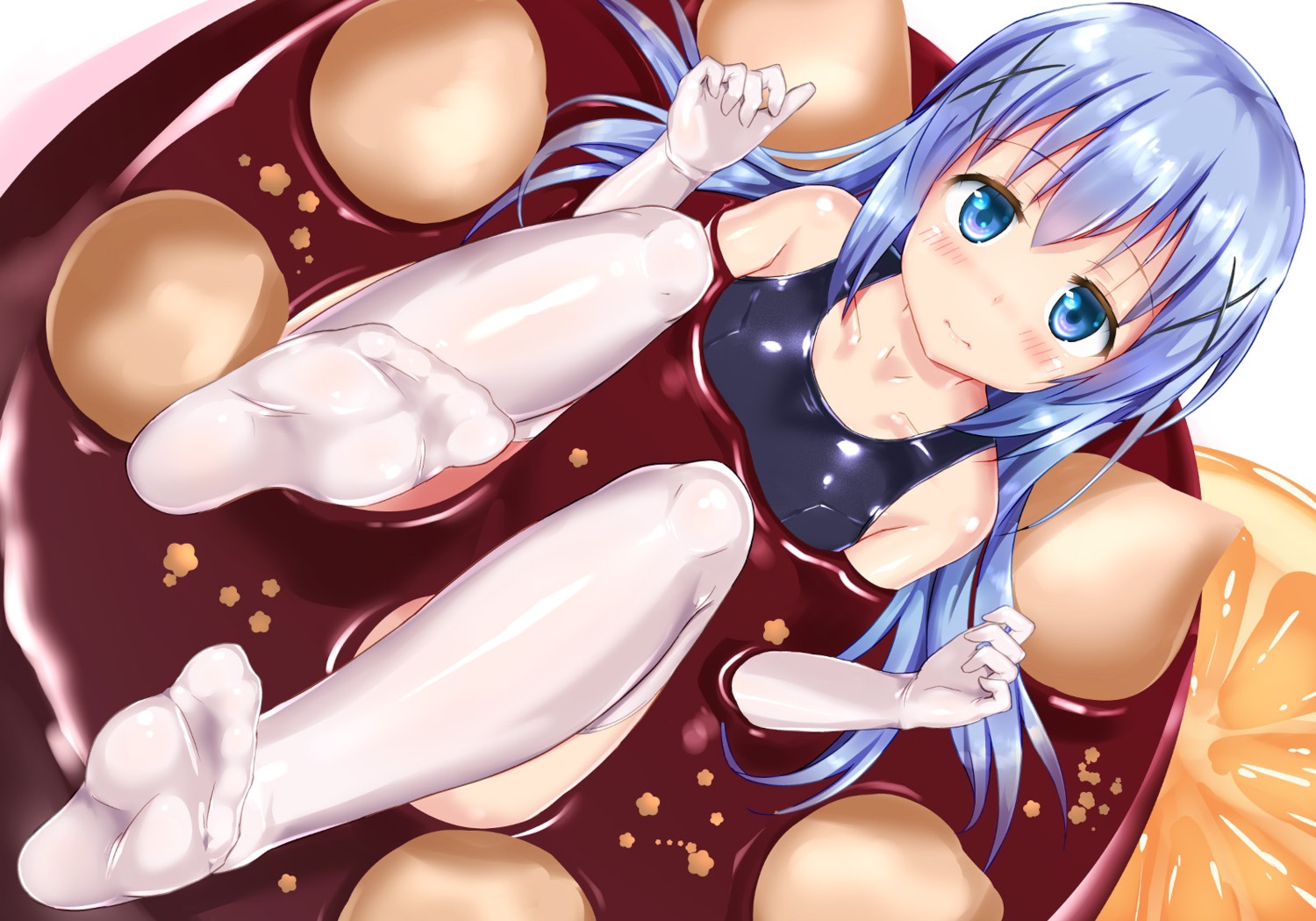 feet gochuumon_wa_usagi_desu_ka? kafuu_chino naka_(cheeseyeast) school_swimsuit swimsuits thighhighs wet