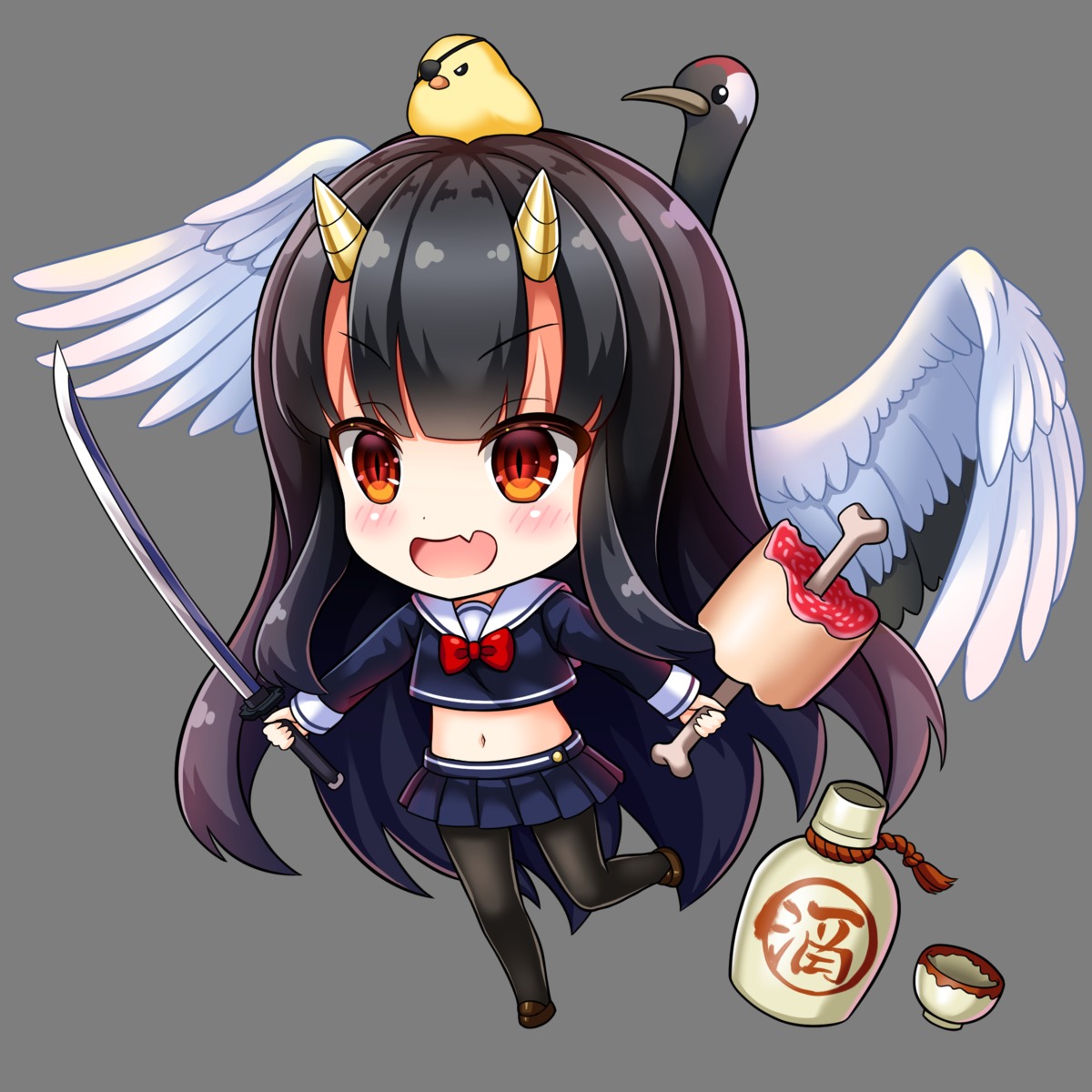 bluebird_(bluebird90) chibi horns pantyhose seifuku sword transparent_png