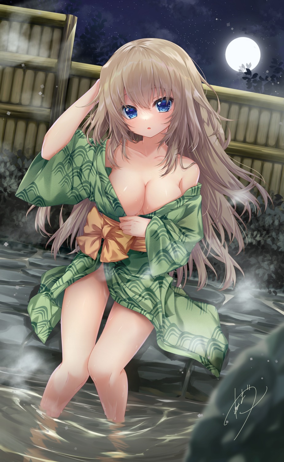 9_-nine- 9_-nine-_kokonotsu_kokonoka_kokonoiro amatsuji breast_hold kujou_miyako no_bra nopan onsen open_shirt skirt_lift wet yukata