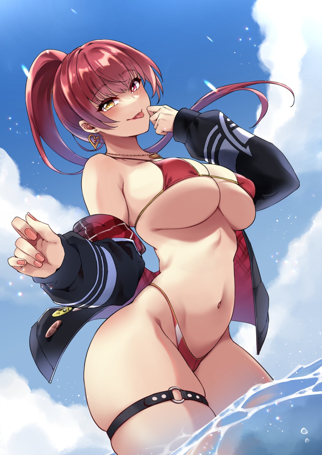 bikini erect_nipples garter heterochromia hololive houshou_marine megane mibry_(phrysm) open_shirt swimsuits wet