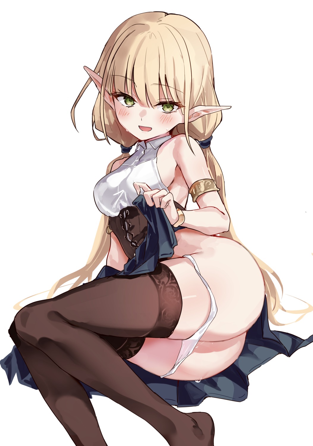 elf loli no_bra pantsu panty_pull pointy_ears pussy_juice skirt_lift thighhighs toshizou_(0714)