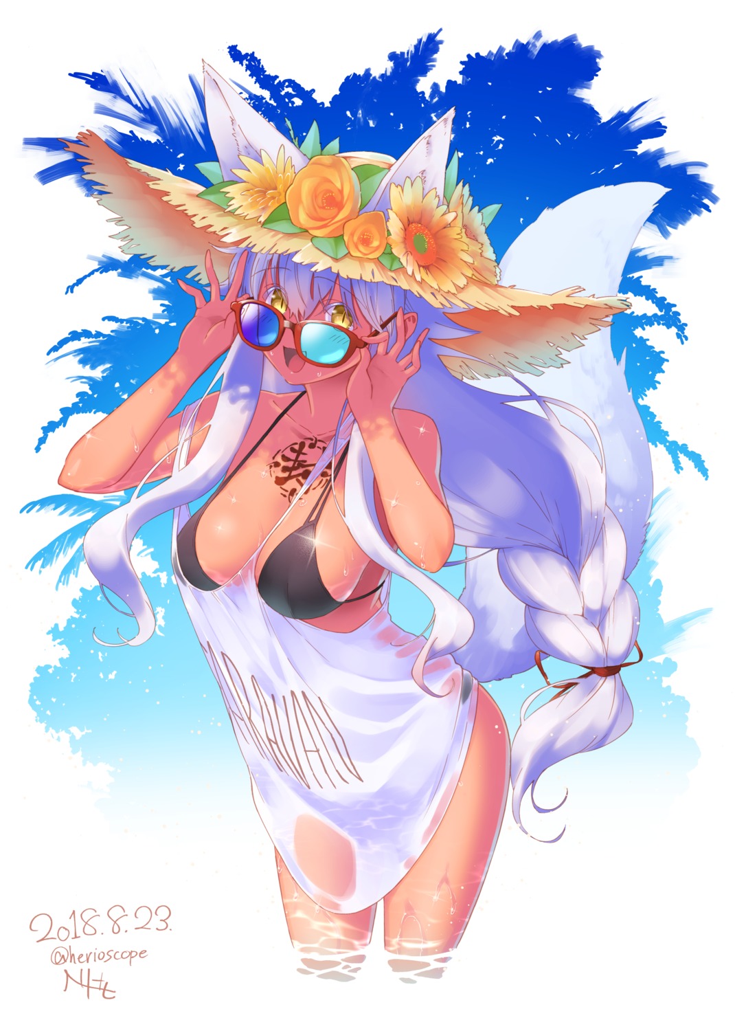 animal_ears bikini herio kitsune megane see_through swimsuits tail tattoo wet wet_clothes