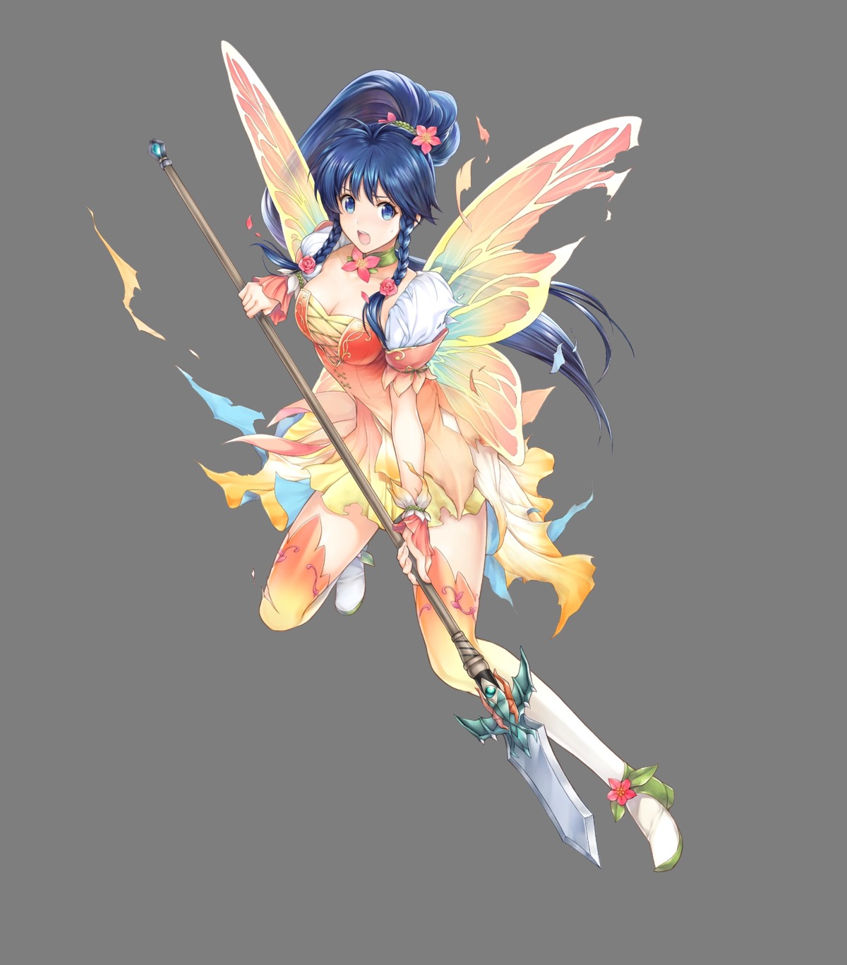 cleavage dress fairy fire_emblem fire_emblem:_seima_no_kouseki fire_emblem_heroes nintendo tana_(fire_emblem) thighhighs torn_clothes weapon wings yamada_koutarou