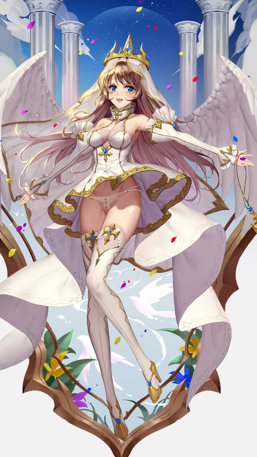 cleavage dress heels itoucon pantsu see_through skirt_lift thighhighs wings