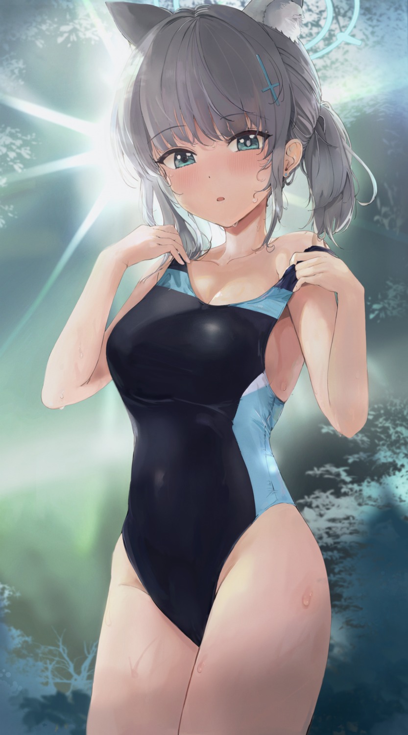 animal_ears blue_archive damu_(dapeach) halo nekomimi sunaookami_shiroko swimsuits undressing wet