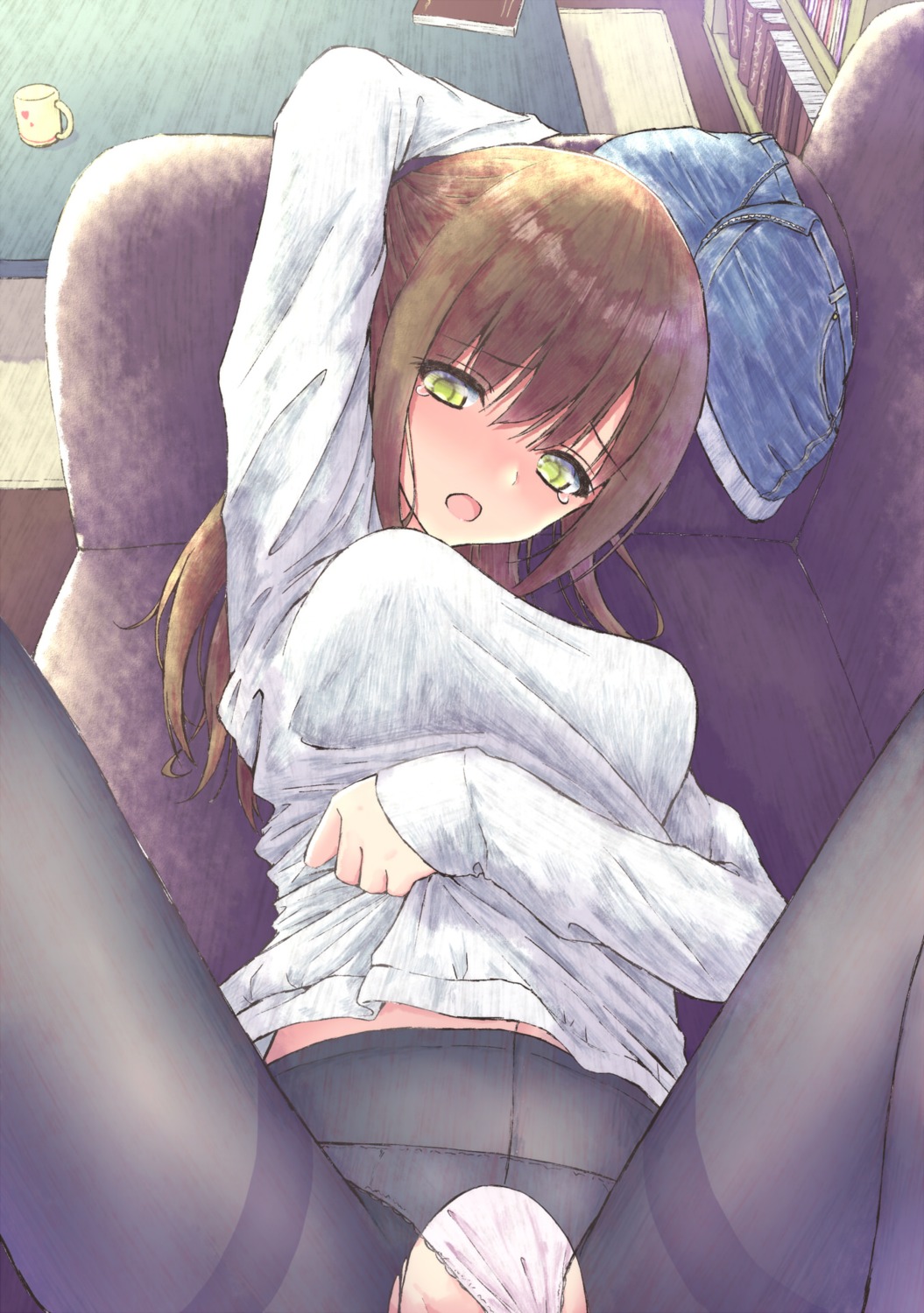 aramachi pantsu panty_pull pantyhose see_through shirt_lift sweater torn_clothes undressing