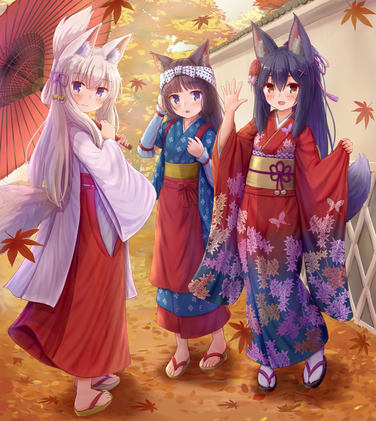 animal_ears iroha_(iroha_matsurika) japanese_clothes kimono kitsune miko tail umbrella