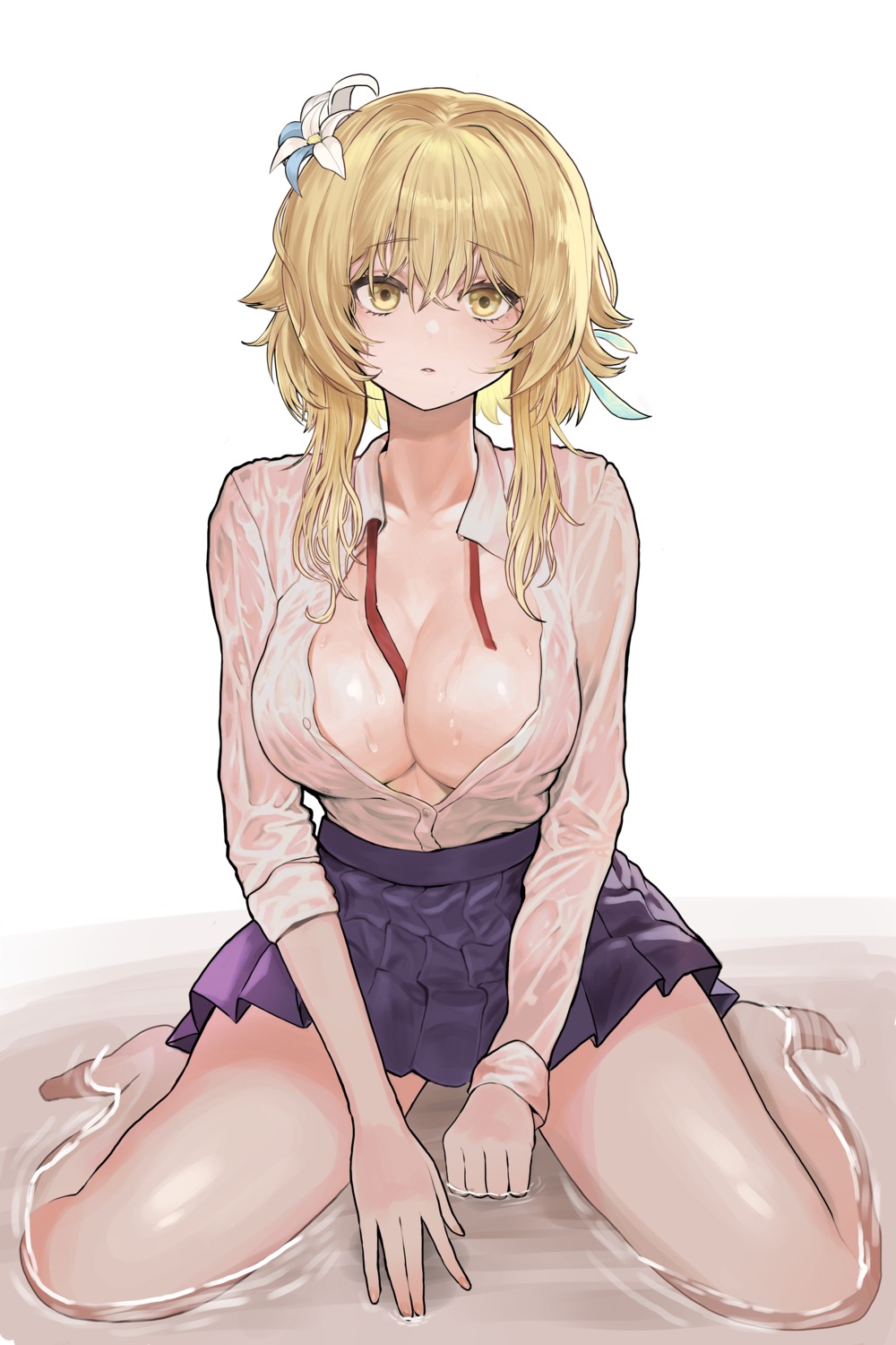 chroong genshin_impact lumine no_bra open_shirt see_through seifuku wet wet_clothes