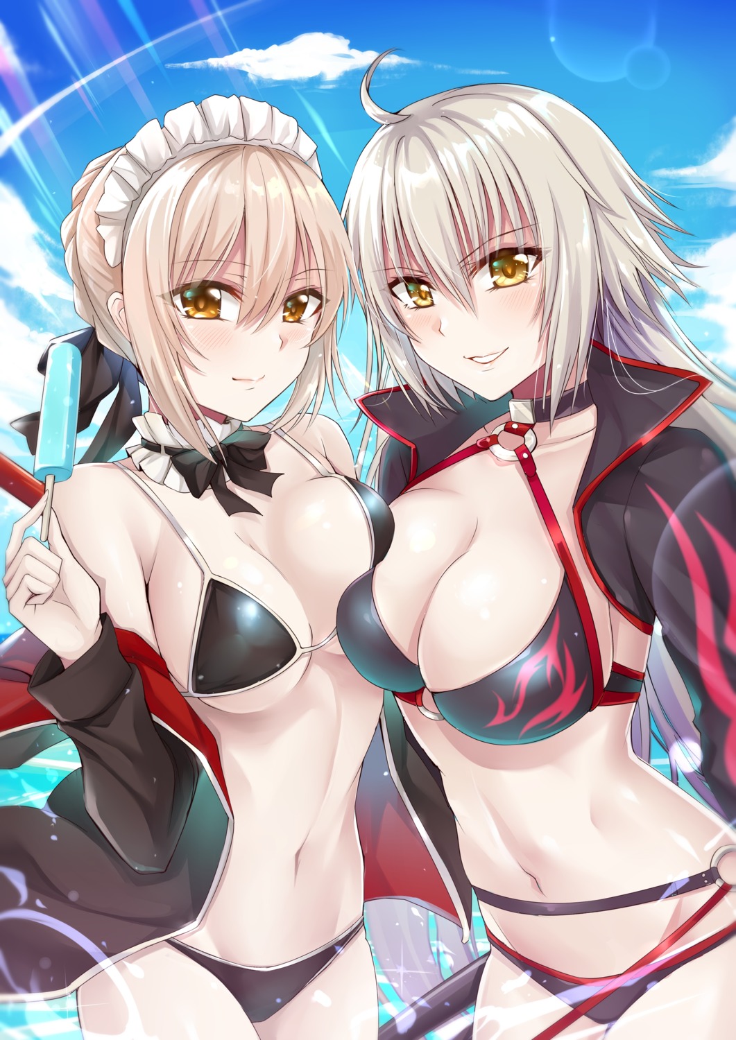 bikini cleavage fate/grand_order jeanne_d'arc jeanne_d'arc_(alter)_(fate) maid open_shirt saber saber_alter swimsuits tsang_yu_chun underboob