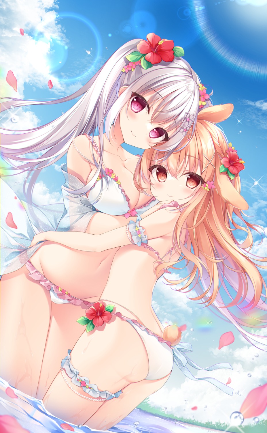 animal_ears ass bikini cameltoe garter see_through shirosei_mochi swimsuits wet yuri