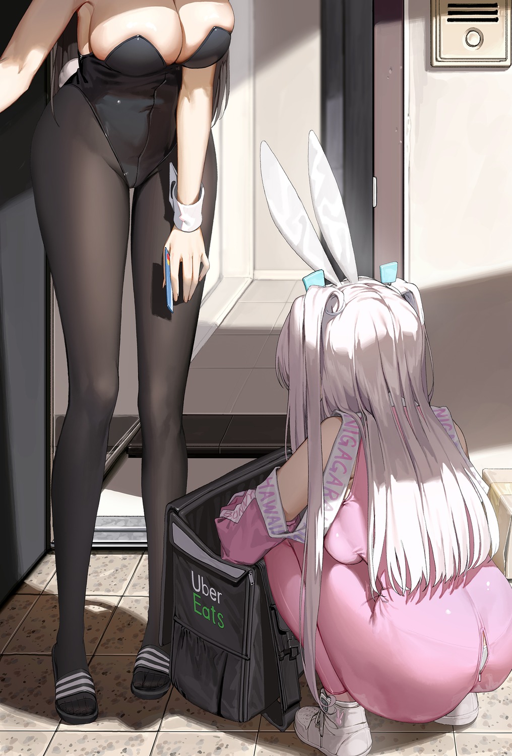 animal_ears ass bodysuit bunny_ears bunny_girl dduck_kong no_bra pantsu pantyhose wardrobe_malfunction