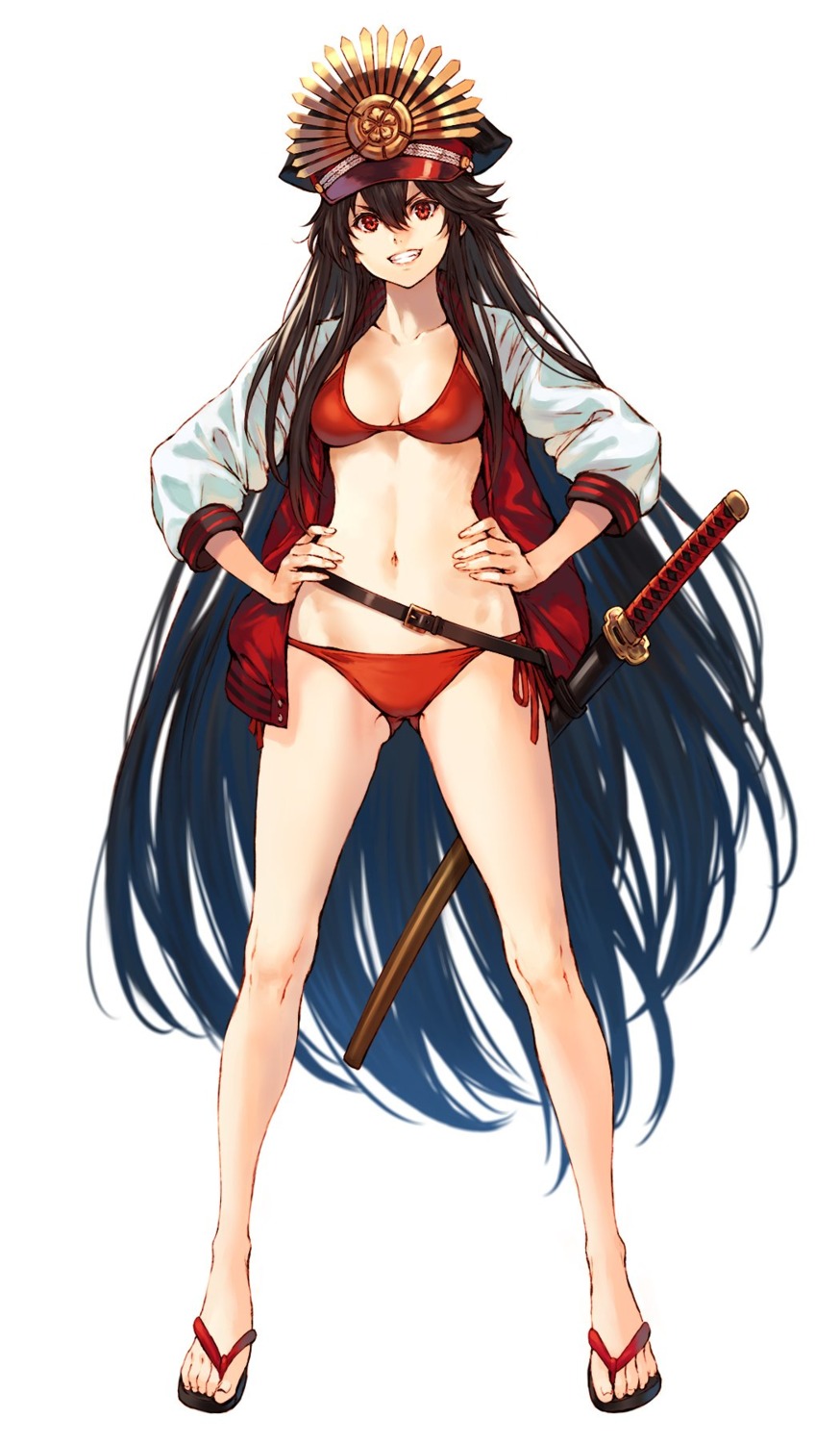 bikini cleavage fate/grand_order makimura_shunsuke oda_nobunaga_(fate) open_shirt swimsuits sword
