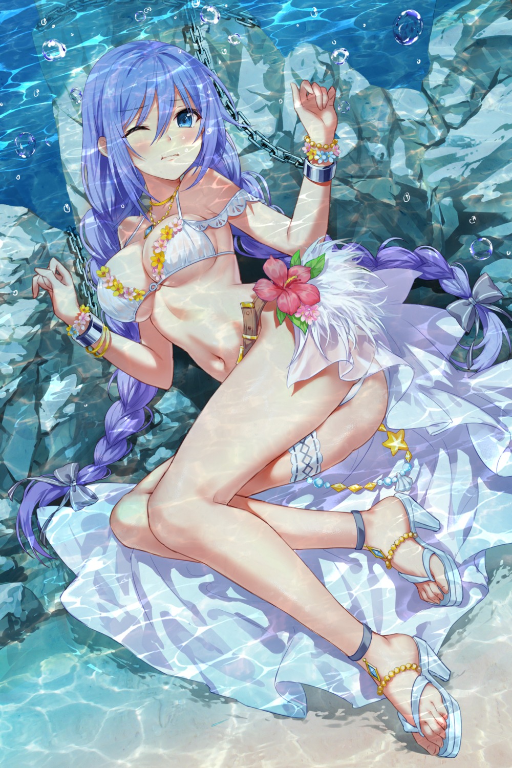 ass bikini bondage devil_heavens garter heels hoshino_shizuru princess_connect princess_connect!_re:dive see_through swimsuits thong wet