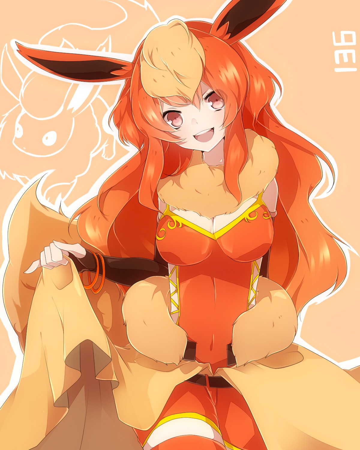 animal_ears anthropomorphization cleavage flareon pokemon takeshima_eku thighhighs