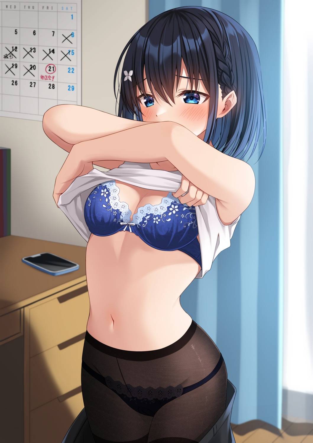 bra komori_kuzuyu pantsu pantyhose see_through shirt_lift undressing