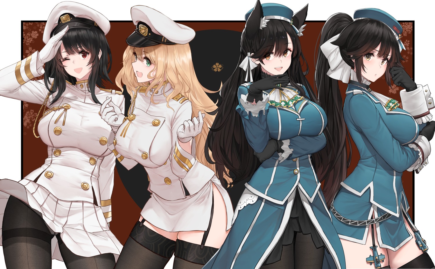 animal_ears atago_(azur_lane) atago_(kancolle) azur_lane breast_hold crossover dishwasher1910 kantai_collection pantsu pantyhose skirt_lift stockings takao_(azur_lane) takao_(kancolle) thighhighs uniform