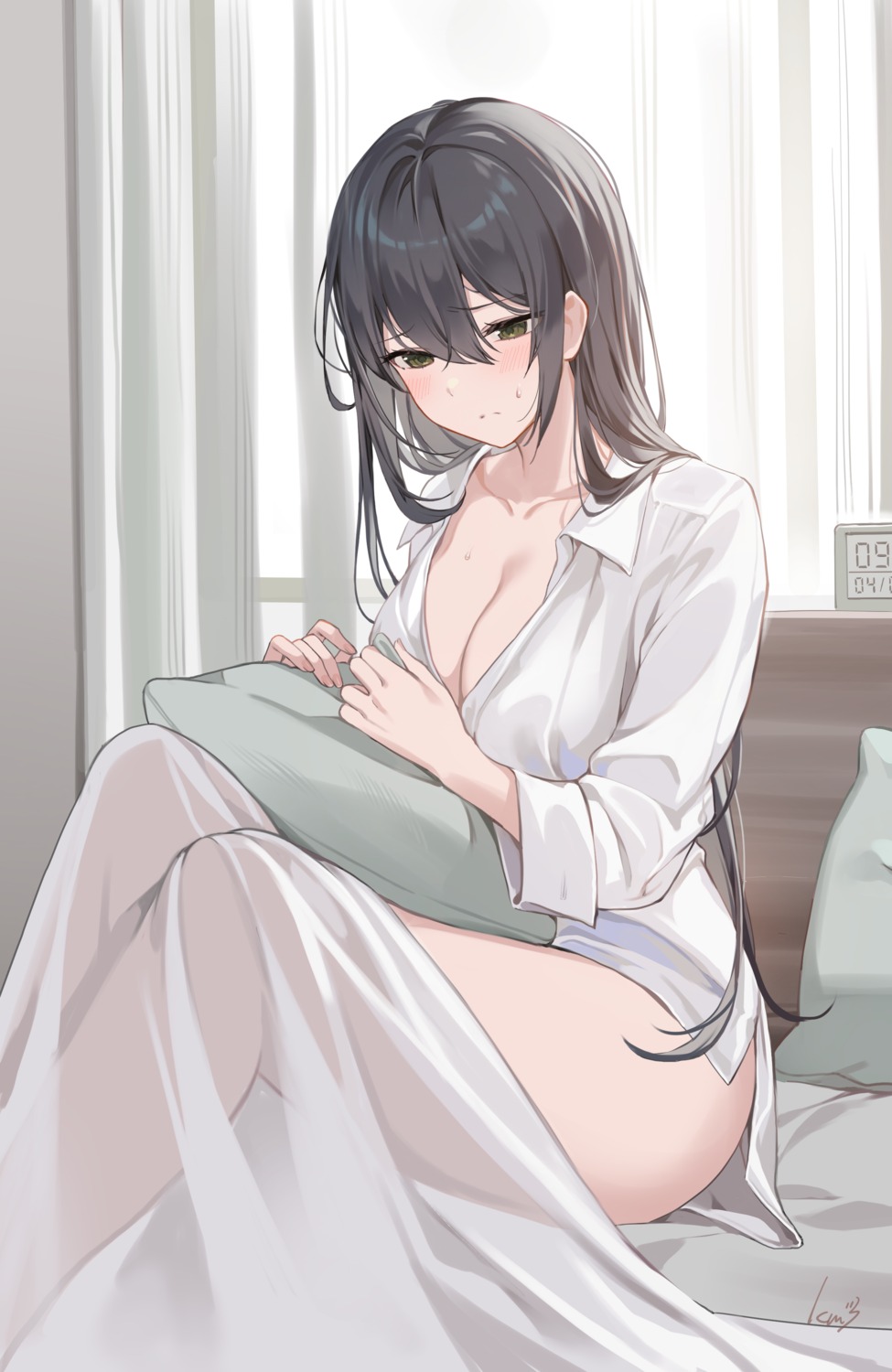 cleavage dress_shirt ikomochi no_bra open_shirt see_through sheets