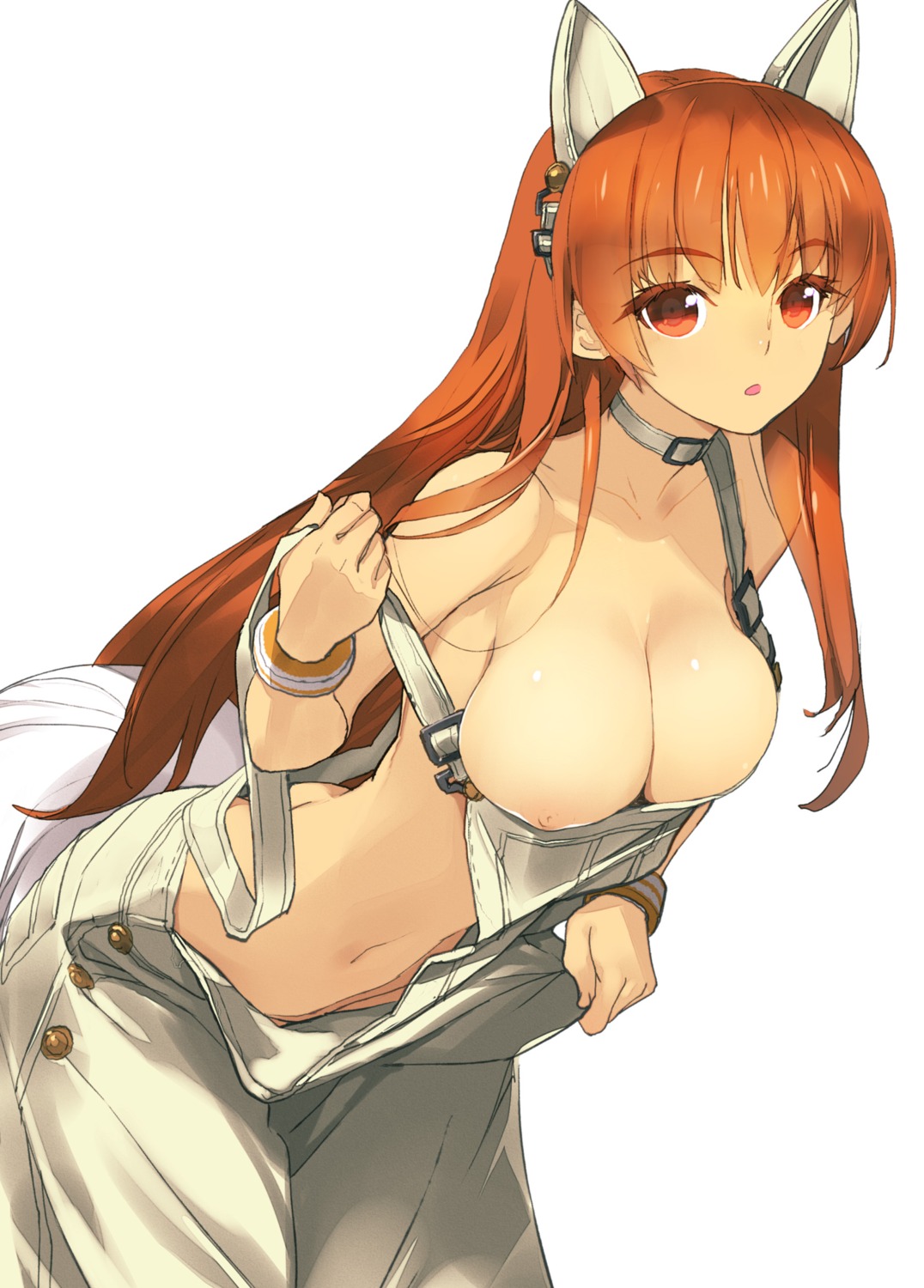 animal_ears cleavage dead_or_alive kasumi nekomimi nipple_slip no_bra nopan overalls sanbasou