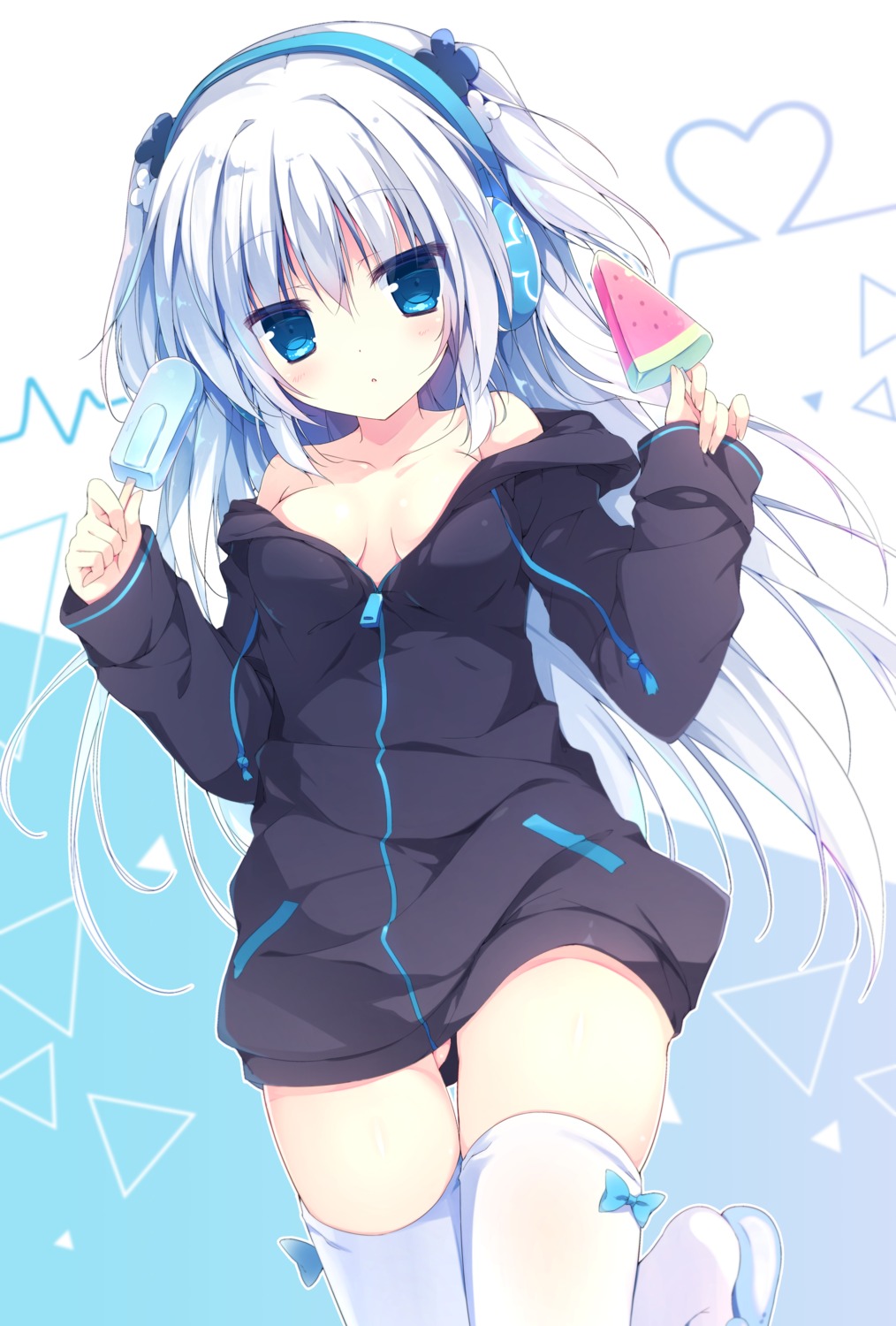 aisu_mint headphones muku_(apupop) no_bra open_shirt thighhighs