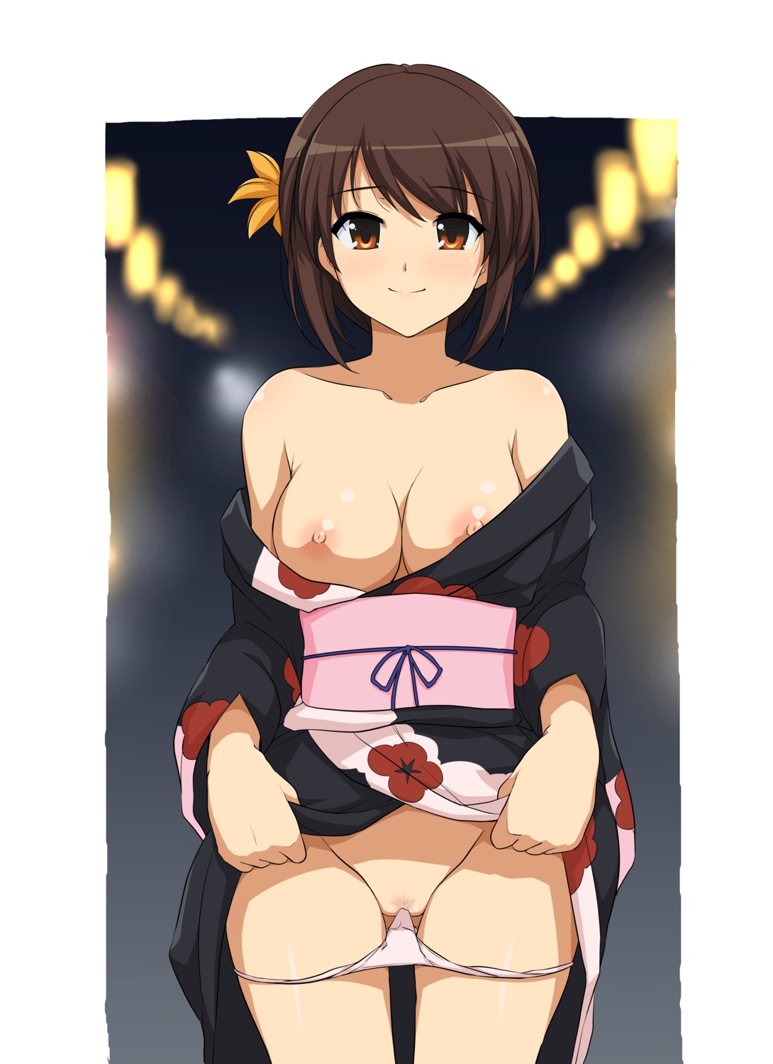 breasts haruhisky nipples no_bra open_shirt pantsu panty_pull pubic_hair skirt_lift suzumiya_haruhi suzumiya_haruhi_no_yuuutsu yukata